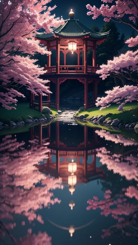 Gazebo on the lake,Shining Water Surface,night,Huge moon background,Purple tones,Paper print x1.5,Tilt Shift,Cloud x1.3,Plum blossom x1.2,Soft lighting,Oriental elements,dream-like,pastel colour,Bright colors,Traditional Chinese color scheme,Streamlined Design,Clear lines,High Sharpness,Highest quality,Very detailed,masterpiece,Official Art,Cinematic lighting effects,4K