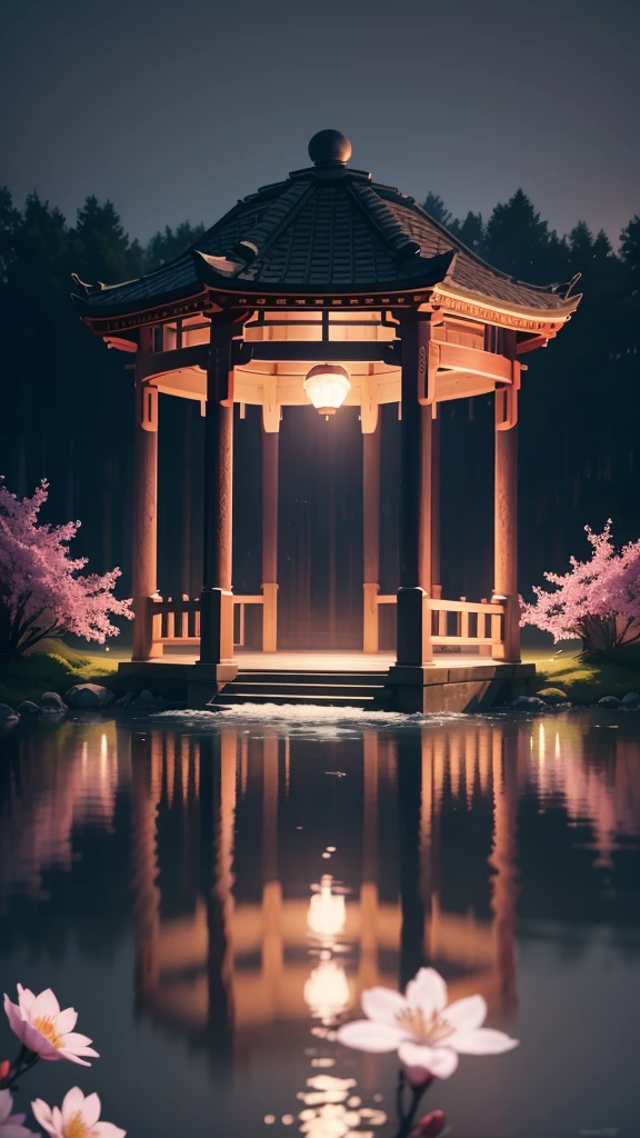 Gazebo on the lake，Shining Water Surface，night，Huge moon background，Purple tones，Paper print x1.5，Tilt Shift，Cloud x1.3，Plum blossom x1.2，Soft lighting，Oriental elements，dream-like，pastel colour，Bright colors，Traditional Chinese color scheme，Streamlined Design，Clear lines，High Sharpness，Highest quality，Very detailed，masterpiece，Official Art，Cinematic lighting effects，4K