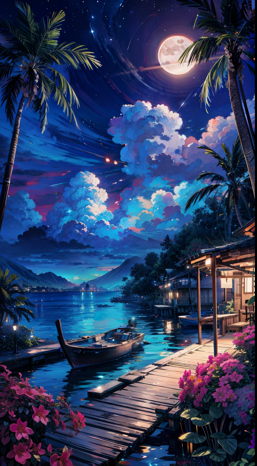 painting of a neon moonlight,Dock area, Bougainville décor , 4k hd, moonlight, cloud,Ocean, moonlight reflection,Beautiful Art UHD 4K, Beautiful artwork illustration, Beautiful digital painting, Highly detailed digital painting, Beautiful digital art, Detailed painting 4k, Highly detailed digital painting, Rich, picturesque colors, Gorgeous digital painting