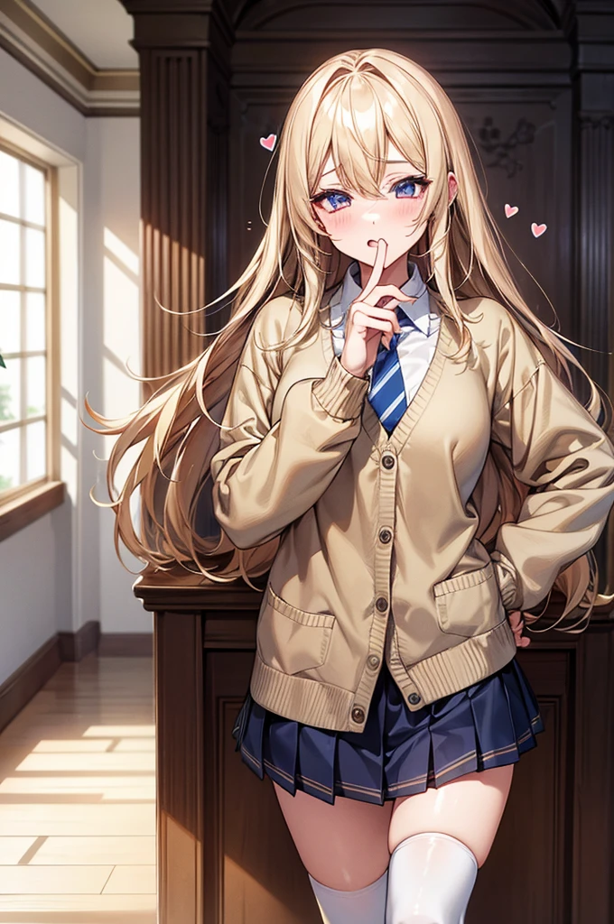 Browsing Caution,​(Highest quality, 8k, masterpiece:1.3,beautiful girl), (Very detailed)Glowing Skin,(((Long Hair,blonde,Beautiful Hair))),(Perfect Anatomy, Anatomically correct, Very detailed肌),((Golden Eyes)),((Perfect Fingers,Five Fingers)),((Light blue collared shirt, Navy pleated mini skirt, socks, Navy tie, Light brown cardigan, White knee socks)), Pink Panties, School,library, Knee-high socks, Dynamic Angle,(((Vulgarity))),Embarrassed expression,Knee-high socks on both feet,Double teeth,Drooling,(((Heart symbol on eye))),I&#39;m Climax,Body-trembling ecstasy,Infatuated,Big Breasts,Big Ass,Peace sign with both hands,Thin pubic hair,Plump body,Big hearts in the pupils,Card game style