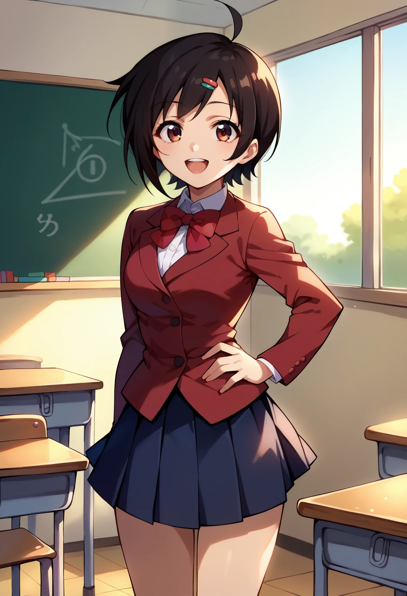 score_9, score_8_up, score_7_up, 1girl, solo, sakuTomo, black hair, short hair, ahoge,hairchip, maroon blazer, red bowtie, dark blue pleated skirt, happy, standing, hand on waist, cowboy shot, looking at you, classroom