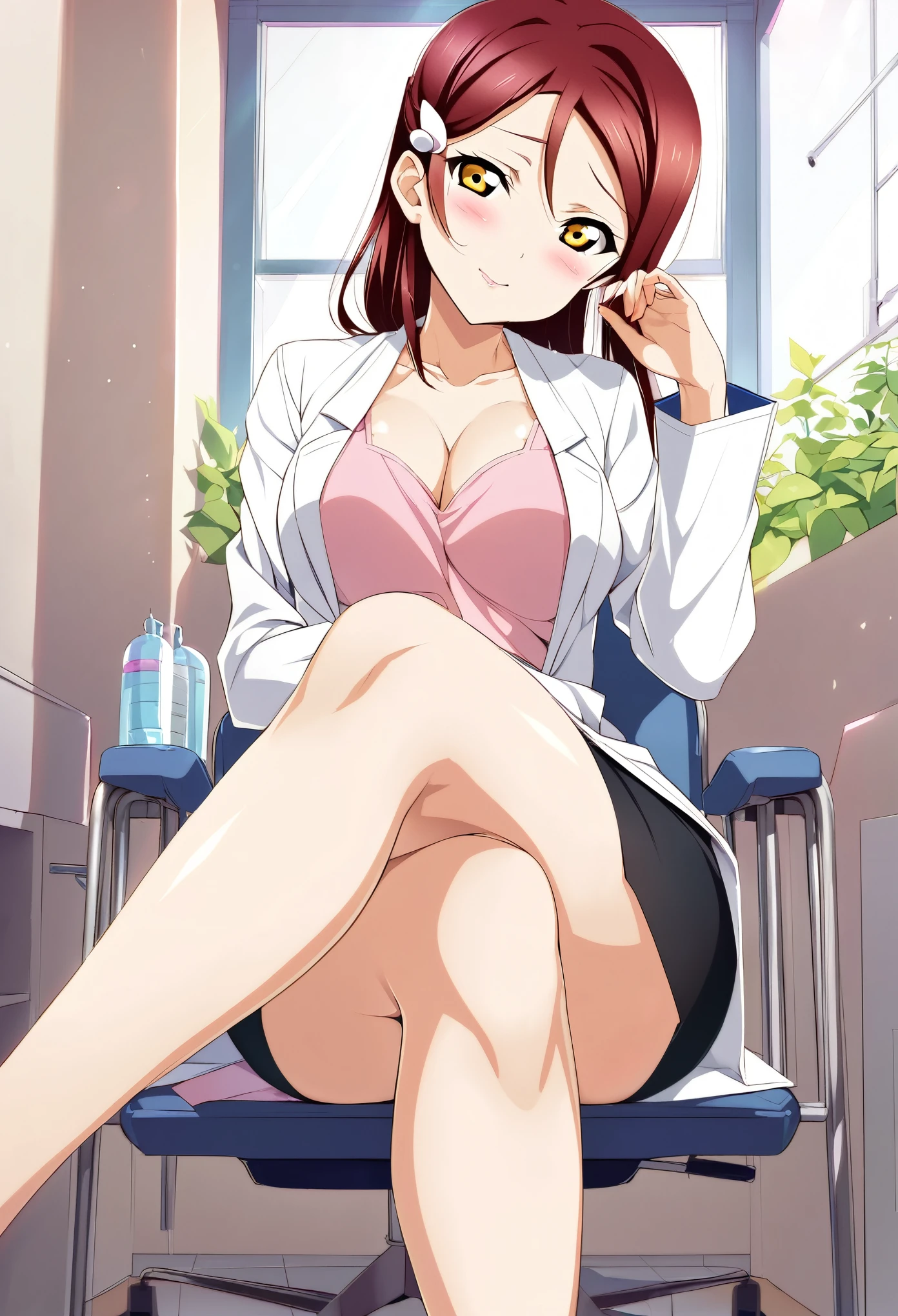 Hentai anime, hentai artist,solo,love live,highres,yellow eyes , sakurauchi riko love live, blush,cleavage ,collarbone ,doctor ,infirmary ,lab coat , pencil skirt , sitting on chair, crossed legs, thighs ,head tilt