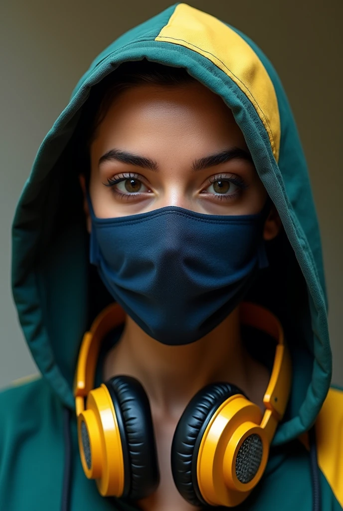 Create a slow Brazilian woman with a hood and mask with headphones around her neck