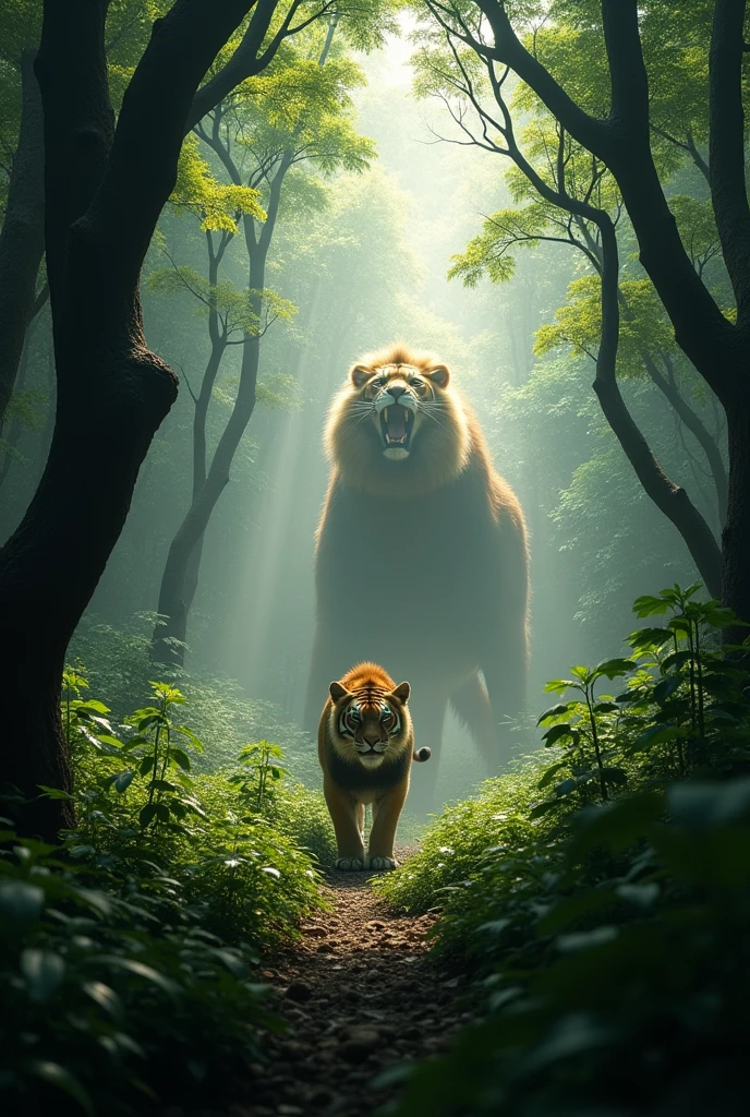 Suddenly, a loan roar through the trees In cinematic image