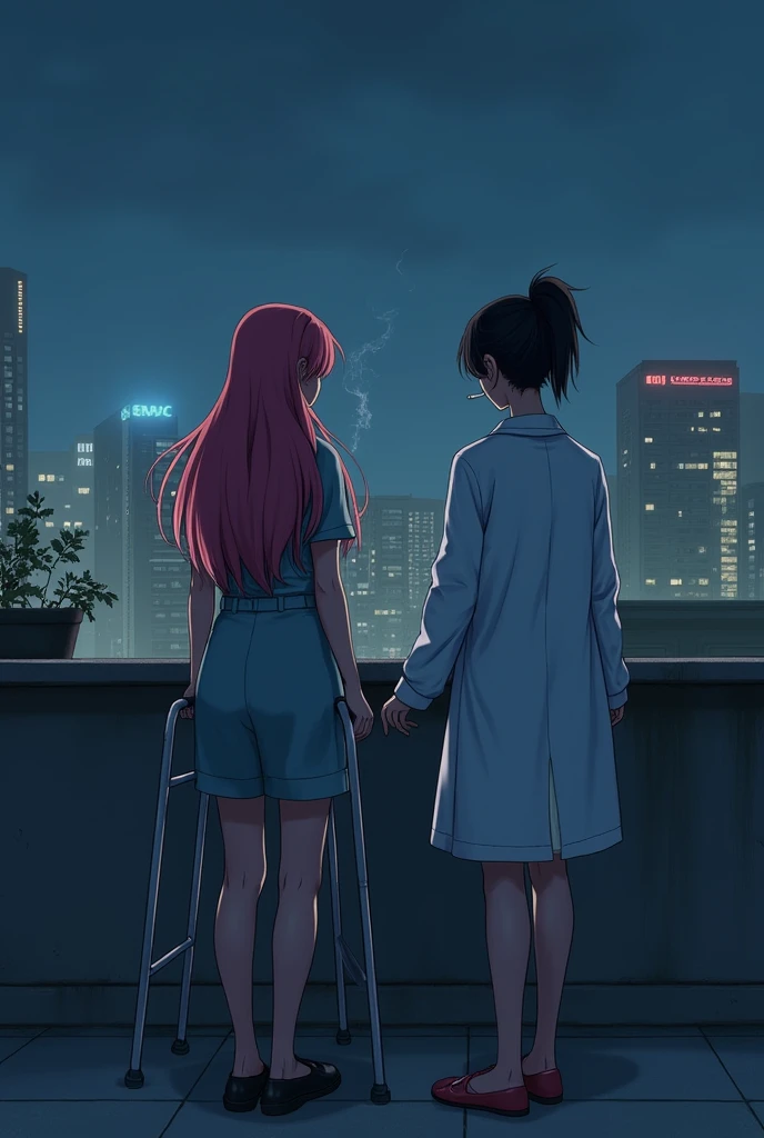 Create an image of two woman on a rooftop t night. They were talking. It showing their back. The woman on the left side has long pink hair and wearing patient clothes with crutches. The woman on the right side are doctor. She tied her black hair and it kinda look a bit messy and casual. Both of them are holding cigarette.