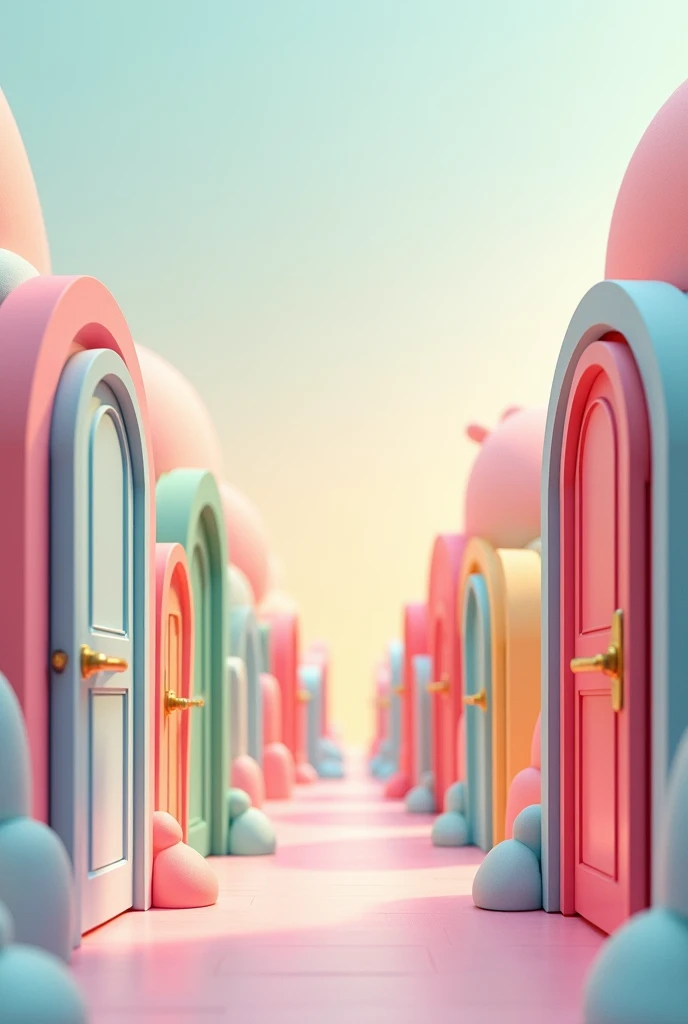 Create a scene where there are many pastel-colored doors, simple but with a paper cut animation 