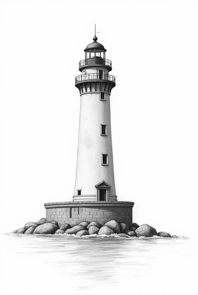 A port lighthouse drawn in black pencil, with simple dashes, without shadows and with a completely white background, as a draft, do not apply any foundation or any type of shading, as if it were an initial freehand sketch, just the initial strokes without shadow and perspective, like the outline of a set design
