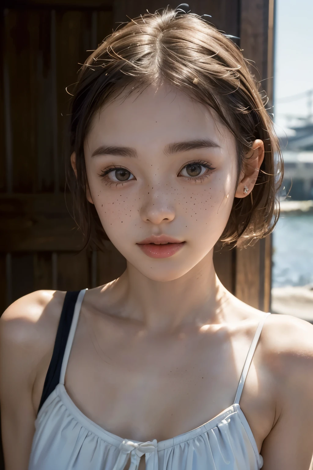 Highest quality ,8k.masterpiece,Ultra-high resolution,(Photorealistic:1.4), 1 girl, View your viewers,Very fine grain definition、 japanese famous actress, very beautiful,cute, Cinematic, 135mm lens, f/ 1. 8, Sun light,Natural Light,Color temperature 3000K,8k, In downtown Japan, Pause、、(Smaller School Swimwear:1.2)、Parting your bangs、Short Bob、Flower Hairpin、Small earrings in the ears、(No thinning:1.8)、(Light freckles:1.2)、pores、(Front-light strobe:1,2)、Daytime Synchronization、
