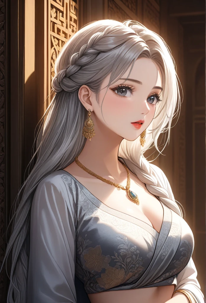 A beautiful woman with long white wavy hair with braid, grey eyes, wearing an ornate designer saree with full sleeve blouse standard seductively against wall, extremely detailed hair, extremely detailed eyes, extremely detailed body, (best quality,4k,8k,highres,masterpiece:1.2),ultra-detailed,(realistic,photorealistic,photo-realistic:1.37),detailed long drop dangle earrings, saggy breasts, elegant, intricate, cinematic lighting, necklace, bangles , lipstick,hair accessories,navel ring,nose ring