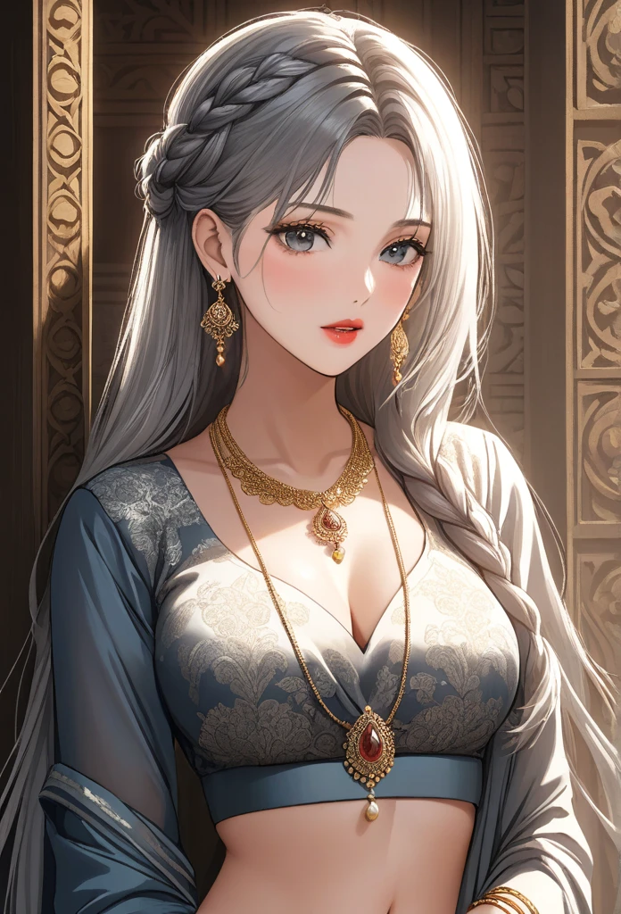 A beautiful woman with long white wavy hair with braid, grey eyes, wearing an ornate designer saree with full sleeve blouse standard seductively against wall, extremely detailed hair, extremely detailed eyes, extremely detailed body, (best quality,4k,8k,highres,masterpiece:1.2),ultra-detailed,(realistic,photorealistic,photo-realistic:1.37),detailed long drop dangle earrings, saggy breasts, elegant, intricate, cinematic lighting, necklace, bangles , lipstick,hair accessories,navel ring,nose ring