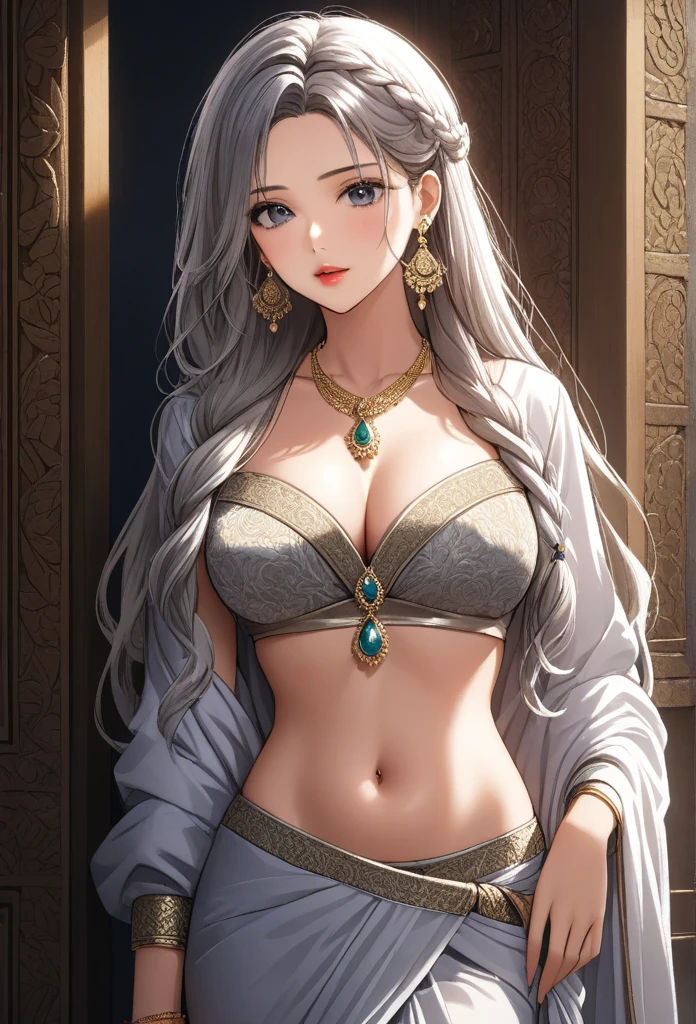 A beautiful woman with long white wavy hair with braid, grey eyes, wearing an ornate designer saree with full sleeve blouse standard seductively against wall, extremely detailed hair, extremely detailed eyes, extremely detailed body, (best quality,4k,8k,highres,masterpiece:1.2),ultra-detailed,(realistic,photorealistic,photo-realistic:1.37),detailed long drop dangle earrings, saggy breasts, elegant, intricate, cinematic lighting, necklace, bangles , lipstick,hair accessories,navel ring,nose ring 