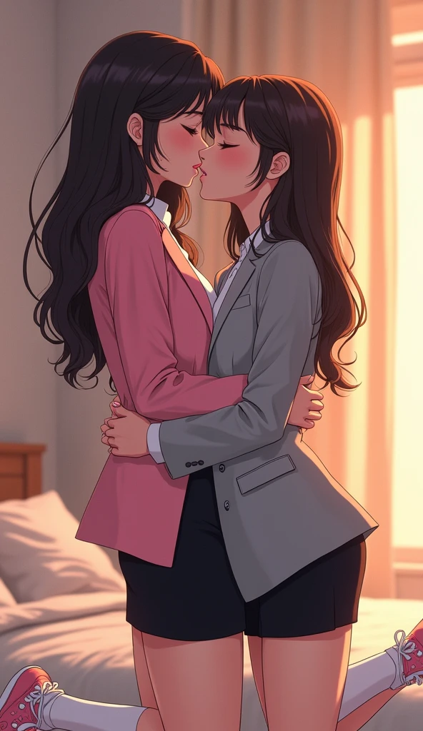Two girls, yuri, (The first girl wear a pink suit, bkack pencil skirt, white socks, pink sneakers), (The second girl wore a grey suit, black pencil skirt, white socks, grey sneakers), french kiss, lesbian kiss, hugging, the girl grey suit used her hands touch to black pencil skirt of the girl pink suit, sensual body, bedroom ,closed eyes, novel cartoon, 4K, HD