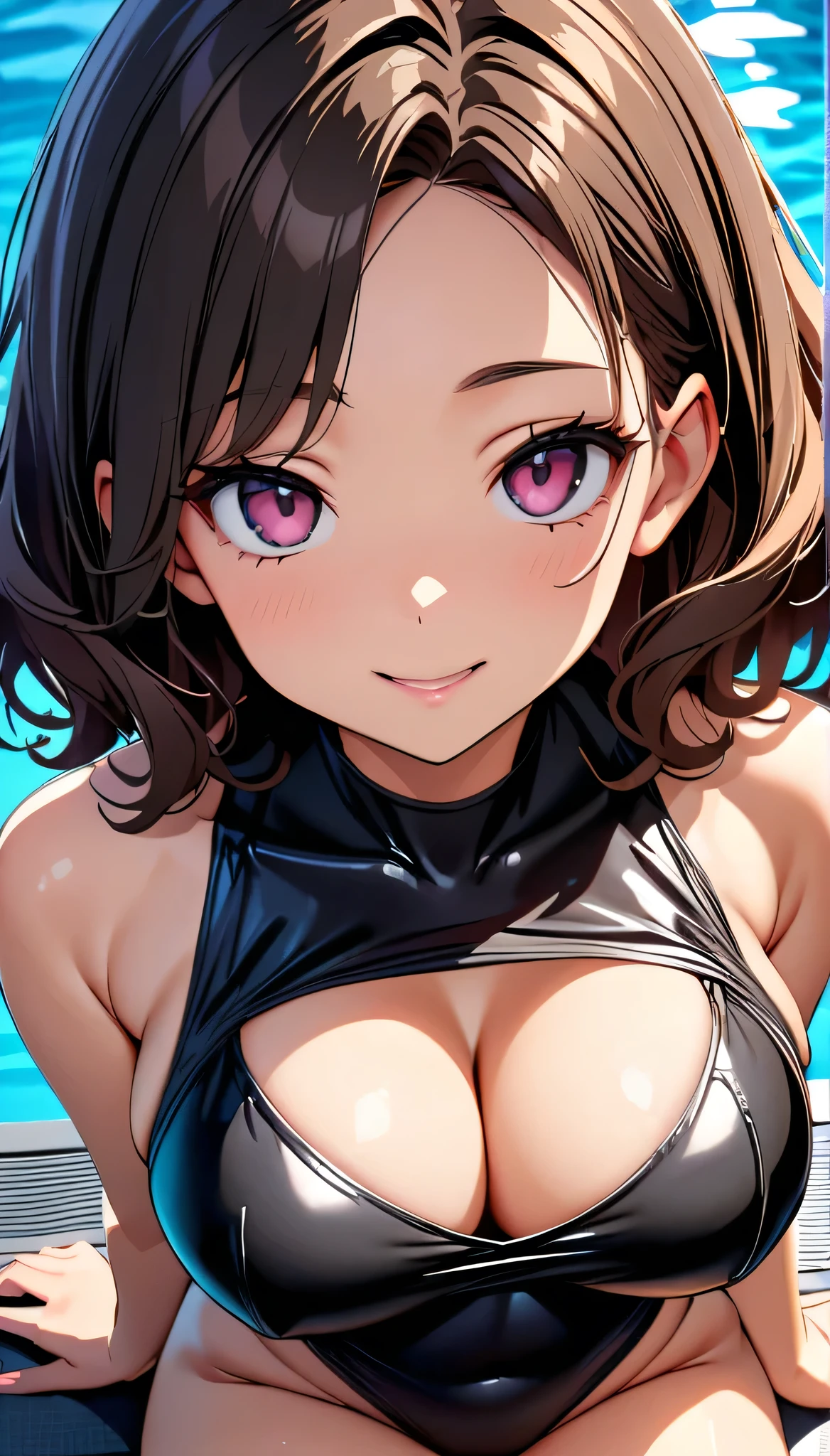 (highest quality:1.2,2girls,cg, Very detailed, High Detail, digital coloring, High Contrast, masterpiece:1.2,, highest quality, Best aesthetics), 8k,masterpiece, cute,tall,beautiful,best quality, 1girl,brown hair,short hair,,wavy hair,empty eyes, (finely detailed glowing eyes and detailed face),,,,extremely detailed cg unity 8k wallpaper,solo,(latex sexy swimsuits:1.9),large breasts,seductive smile,,large breasts,black hair,pink eyes,grossy lips,sitting,c,sadistic smile,shiny skin,,detailed face,beautiful body,,adult,,show me breasts,sadistic,seductive smile,,,bust shot,open mouth,,on the pool,,burikko  pose,,,sitting,stick out ass,,from above