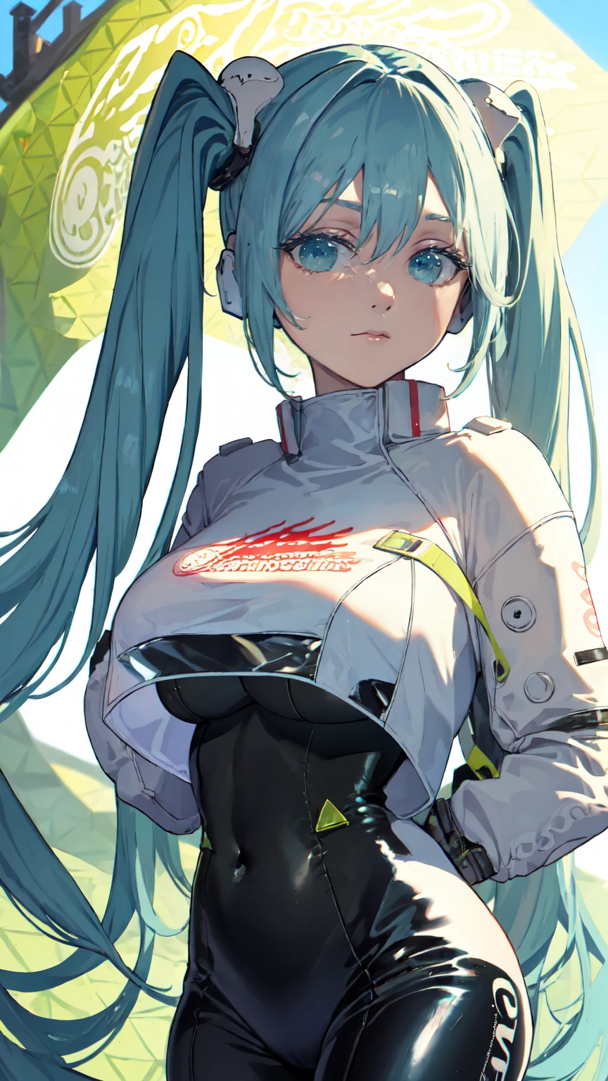 (masterpiece, Highest quality), Backlight, Lens flare, Wide Shot, Fisheye Lens , (Face Focus, Written boundary depth, close: 1.5), Super Detail, shape, colorful, (Fault Color: 1.3), (Immidshot: 1.3), video, Wide-angle, Upper Body, miku hatsune, ((Big Breasts)), Spotless, Dark green hair, Twin tails, Very long hair, Place your arms behind your back, blue eyes, Glowing Eyes, Relaxed face, eyebrow, Shiny Hair, Glowing Skin, A light smile, racing Miku, Black bodysuit, Cropped jacket, White jacket, Long sleeve, Two-tone gloves, Thigh-high boots, bright, Beautifully detailed skies, city, street,