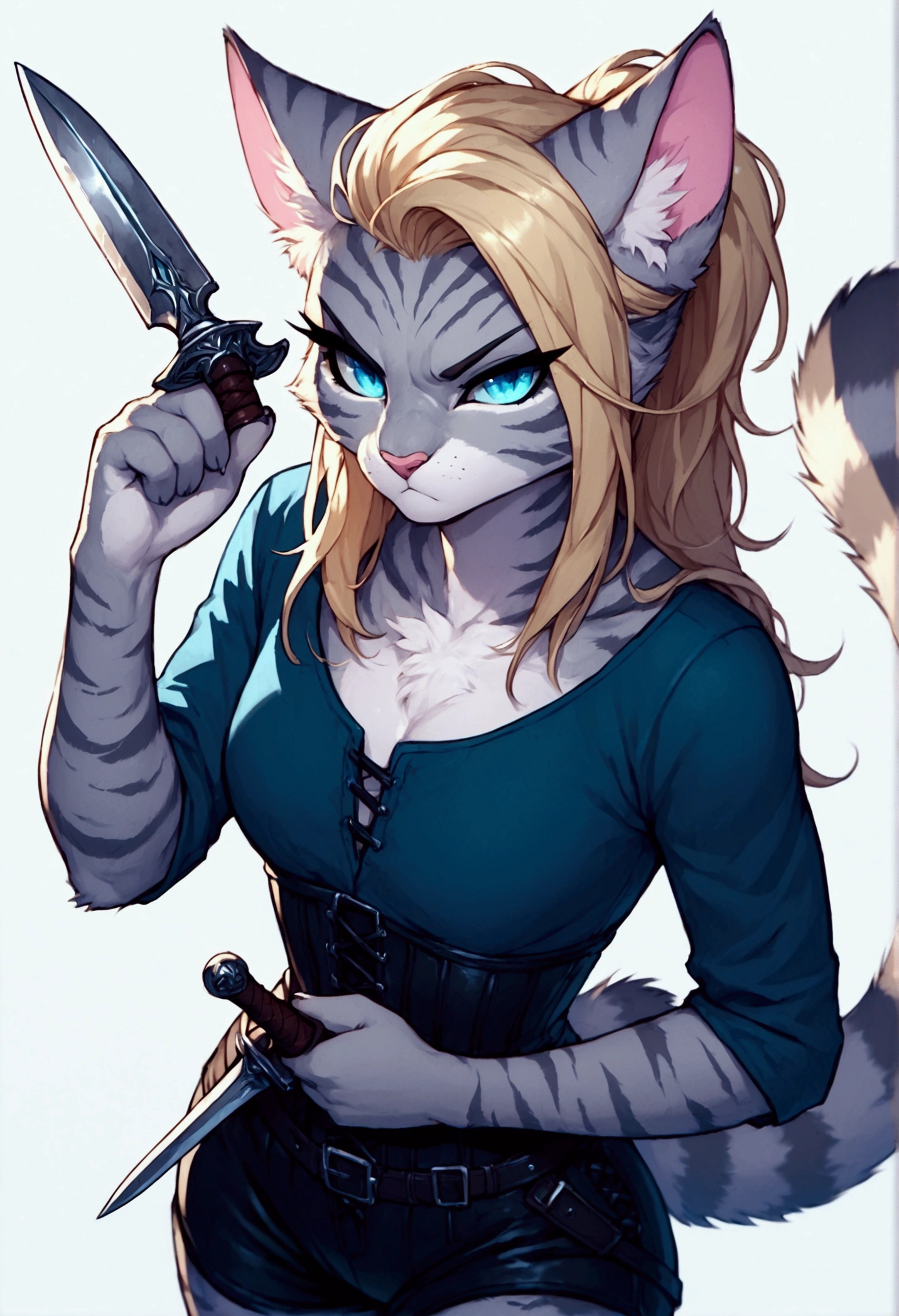 Solo, score_9,score_8_up,score_7_up, solo, anthro, kat, undercut haircut, long blonde hair, wearing black assassins outfit, holding a dagger, serious face