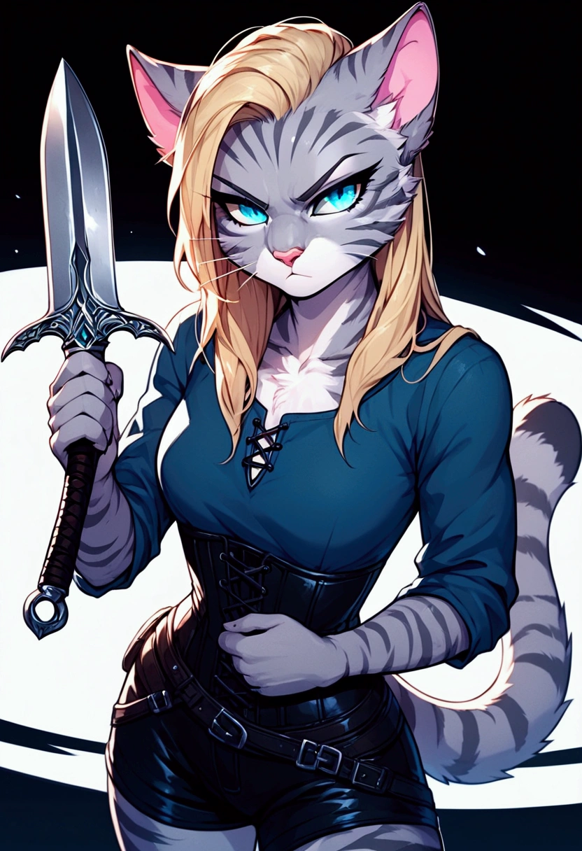 Solo, score_9,score_8_up,score_7_up, solo, anthro, kat, undercut haircut, long blonde hair, blue eyes, silver fur with grey stripes, pink nose, :3, tail, wearing black assassins outfit, black corset, black shorts, holding a dagger, serious face