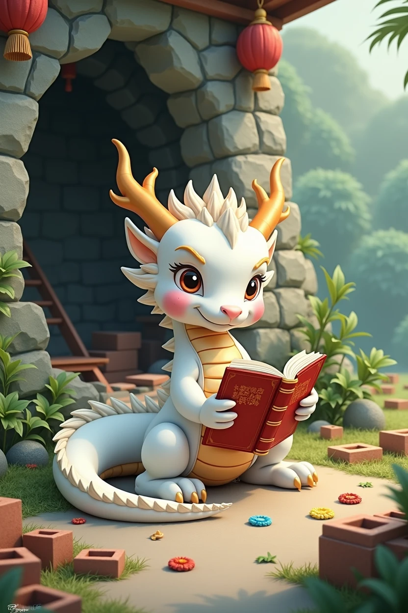 White dragon holding book,Love to learn expression,cute style,Chinese style,Background forest,cover cave,The building is half covered,Building materials spilled,Background building materials on the ground,Lots of them,above ground construction tools