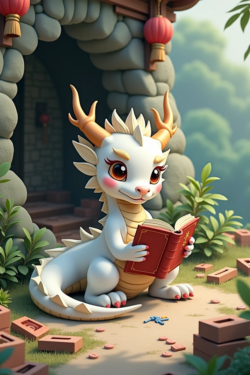 White dragon holding book,Love to learn expression,cute style,Chinese style,Background forest,cover cave,The building is half covered,Building materials spilled,Background building materials on the ground,Lots of them,above ground construction tools