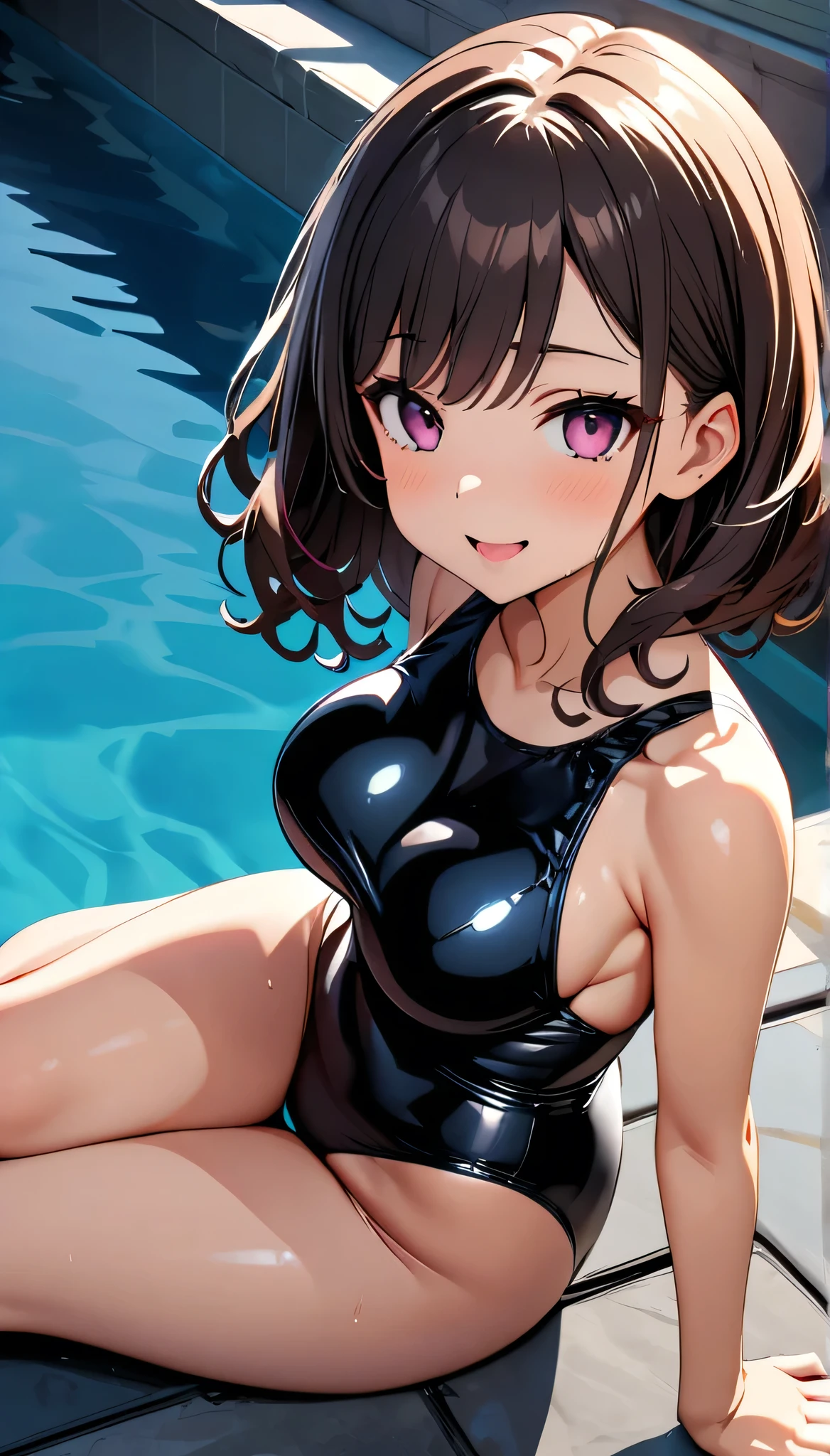 (highest quality:1.2,2girls,cg, Very detailed, High Detail, digital coloring, High Contrast, masterpiece:1.2,, highest quality, Best aesthetics), 8k,masterpiece, cute,tall,beautiful,best quality, 1girl,brown hair,short hair,,wavy hair,empty eyes, (finely detailed glowing eyes and detailed face),,,,extremely detailed cg unity 8k wallpaper,solo,(latex sexy swimsuits:1.9),large breasts,seductive smile,,large breasts,black hair,pink eyes,grossy lips,sitting,c,sadistic smile,shiny skin,,detailed face,beautiful body,,adult,,show me breasts,sadistic,seductive smile,,,bust shot,open mouth,,on the pool,,burikko  pose,,,sitting,stick out ass,,from above