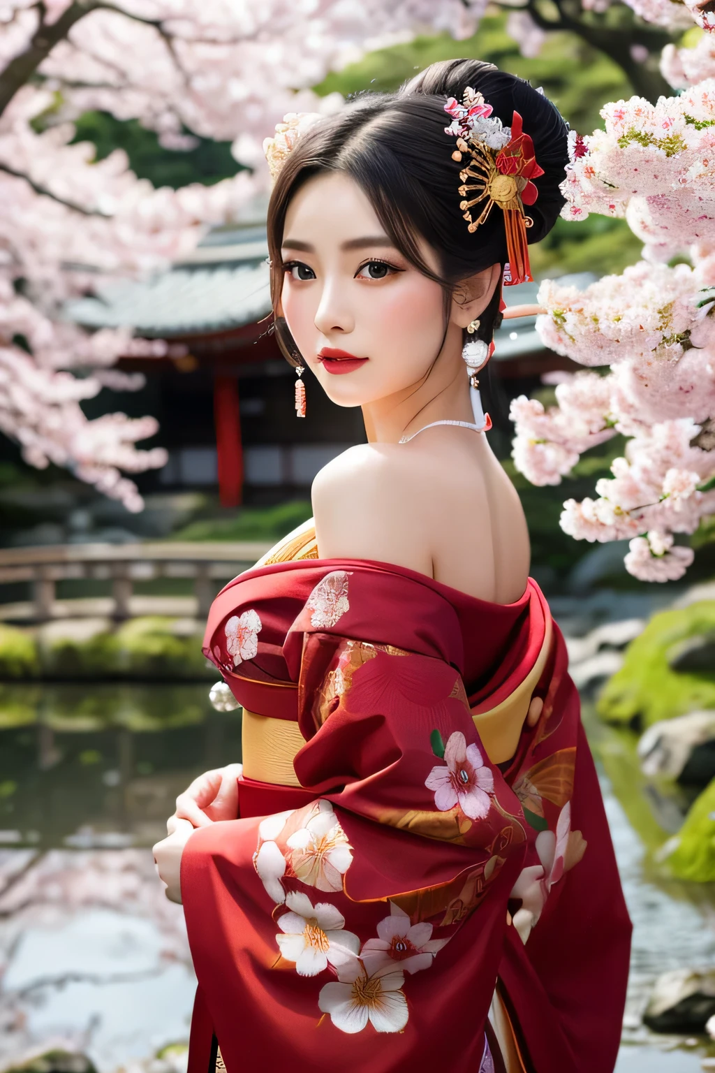 **プロンプト(Prompt):**
```text
Create a hyper-realistic image of a traditional Japanese "Oiran," showcasing the elegance and beauty of this iconic figure from the Edo period. The Oiran is depicted wearing a vibrant and intricately patterned kimono, complete with elaborate hair ornaments and a distinctive hairstyle that frames her face elegantly. She stands in a traditional Japanese garden during cherry blossom season, surrounded by lush greenery and a serene pond. Her makeup is classically styled with a white-painted face, vivid red lips, and accentuated eyes, reflecting the traditional beauty standards of the era. The scene should evoke a sense of awe and admiration, capturing the essence of Japan's historical and cultural beauty.
```