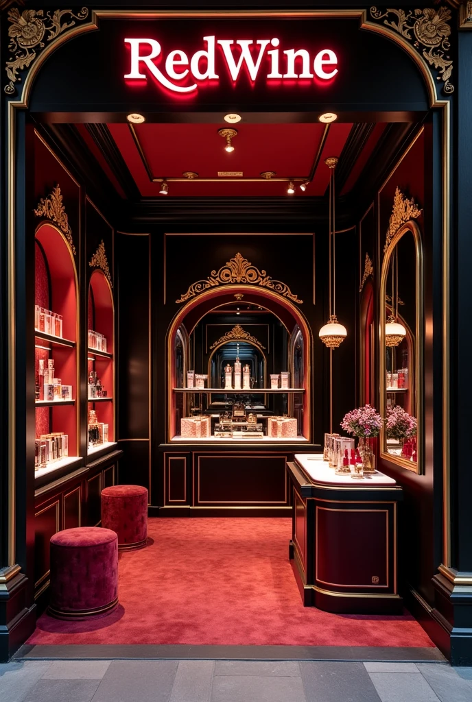 I want to create a store that sells skincare and makeup products, but not vintage glamour style, with rococo style details, in dark red colors, black and gold, external area with sign with the store name written RedWine
