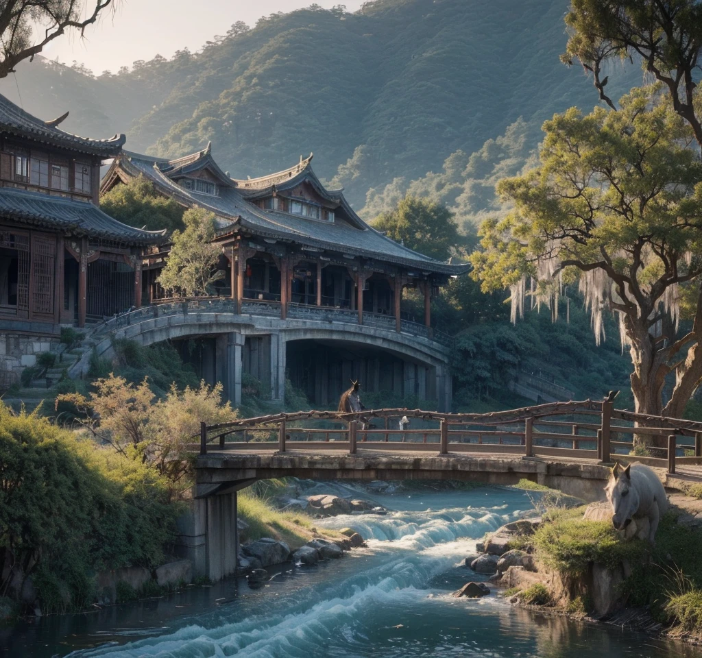 masterpiece, high quality, high resolution,8K, Chinese painting ,, Withered vines, age ((Trees)), dusk ((crow)) Cry,, ((A small bridge)), flowing water, (((Humble residence))), (a horse:1.6),, A cold wind blows from the west ((An ancient road)),, Sunset, My heart ached with the anger of loneliness,,