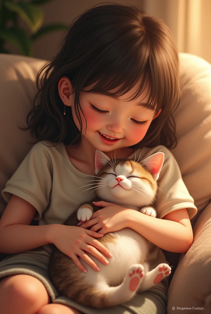 Bonding Moment: The girl and the cat sitting together on a sofa, the cat purring contentedly in the girl's lap. The scene is warm and filled with affection, capturing a deep bond between them.