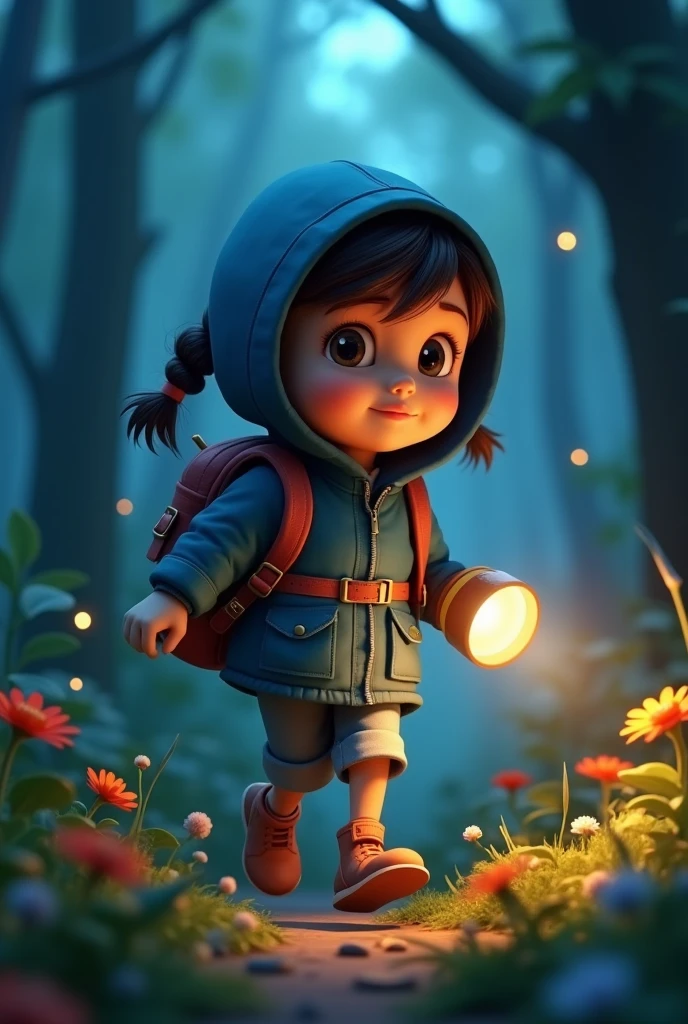 size:1242x2688 pixels,A very cute girl,Wearing a blue flight jacket,Carrying a bucket all over his body,Running in the forest at night with a flashlight in hand,Mysterious Adventure,Flowers,plant,firefly,Intricate details,popmart blind box,Clay Materials,Pixar Trends,3D Art,C4D,Octane Rendering,Animation Lighting,Intricate details,Realistic depiction,Tilt displacement。Crepuscular Ray,uplight, Ultra HD 32k,webp