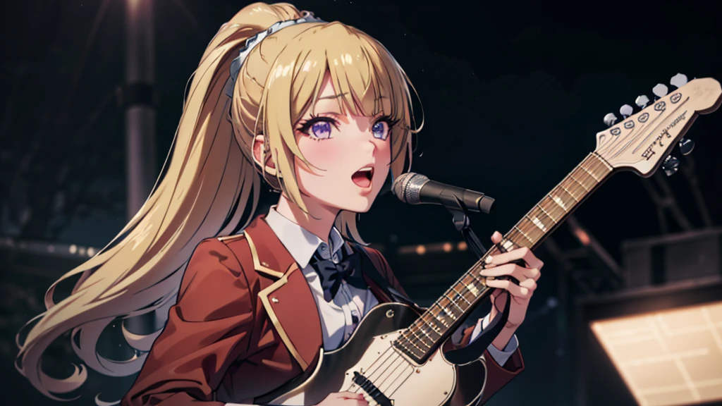 (masterpiece, best quality, absurdres), high quality, highres, ultra detailed, intricate, cinematic lighting, wallpaper, soft lighting, cowboy shot, looking at viewer, upper body, parted lips, 1 girl, kei Karuizawa, blonde hair, bangs, long ponytail , detailed violet eyes, ((Super Realistic Detailed Eyes, glowing eyes)), 20yo,beautiful face, sharp focus, singing karaoke, singing, open mouth, spotlight lightning, good mood, (mic, mic stand), stage, stage vibes, dome, Tokyo dome, concert, (playing guitar, guitar), Taylor swift, Taylor swift vibe, idol, (school outfits, red coat)