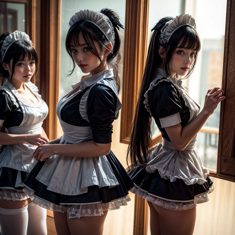 (Extremely Detailed((Kawaii Maid Group in a row:1.37))), Childish perfect face, Reflective Eyes, Detailed(Delicate Clothing textures), Dynamic Joyful Expressions LifeLike Rendering, (Specular Reflection:1.2), TopQuality 8K Ultra-detailed masterpiece (ProfessionalPhoto:1.37), (Acutance:0.8), (Luminism:1.28), (Renaissance art style), (Colorful Light particles:0.75), (Muscle:-0.5), ((Full body from side)), SkirtLift, glossy floor, Radiant Fine Skin with Transparency