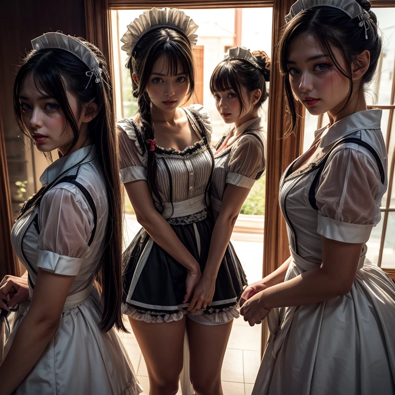 (Extremely Detailed((Kawaii Maid Group in a row:1.37))), Childish perfect face, Reflective Eyes, Detailed(Delicate Clothing textures), Dynamic Joyful Expressions LifeLike Rendering, (Specular Reflection:1.2), TopQuality 8K Ultra-detailed masterpiece (ProfessionalPhoto:1.37), (Acutance:0.8), (Luminism:1.28), (Renaissance art style), (Colorful Light particles:0.75), (Muscle:-0.5), ((Full body from side)), SkirtLift, glossy floor, Radiant Fine Skin with Transparency