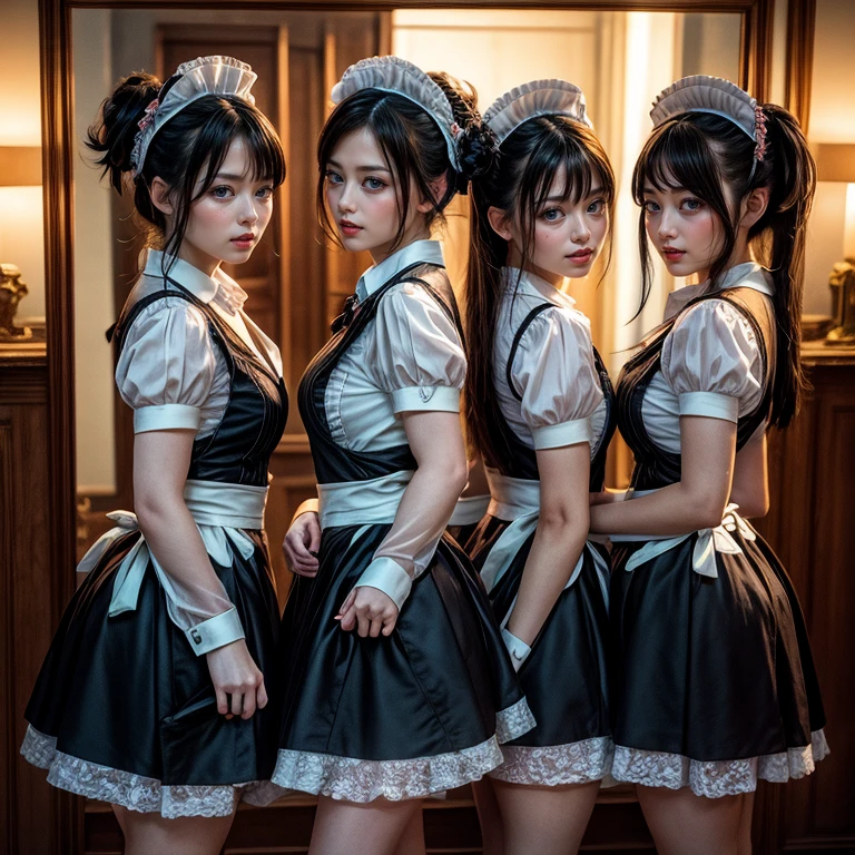 (Extremely Detailed((Kawaii Maid Group in a row:1.37))), Childish perfect face, Reflective Eyes, Detailed(Delicate Clothing textures), Dynamic Joyful Expressions LifeLike Rendering, (Specular Reflection:1.2), TopQuality 8K Ultra-detailed masterpiece (ProfessionalPhoto:1.37), (Acutance:0.8), (Luminism:1.28), (Renaissance art style), (Colorful Light particles:0.75), (Muscle:-0.5), ((Full body from side)), SkirtLift, glossy floor, Radiant Fine Skin with Transparency