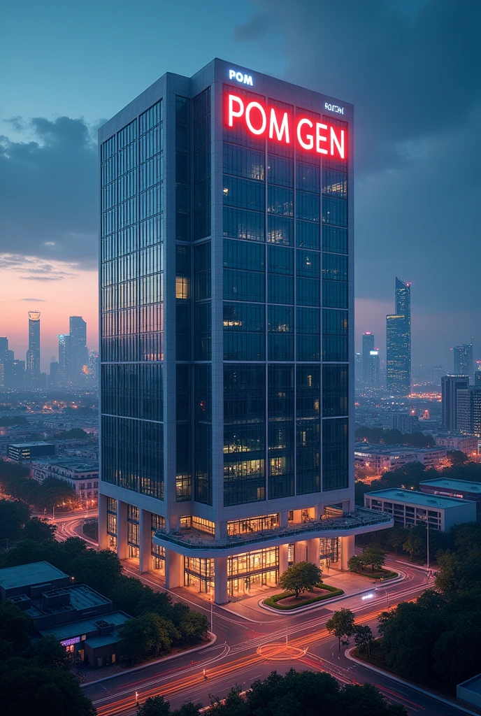 A big hospital near a city with the logo POM GEN lit in night