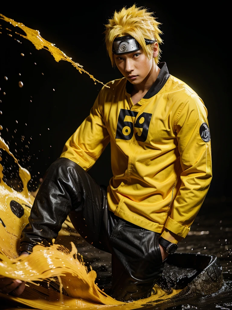 naruto with yellow clothes,black pant, splash black backround, contour, noen colour, Png