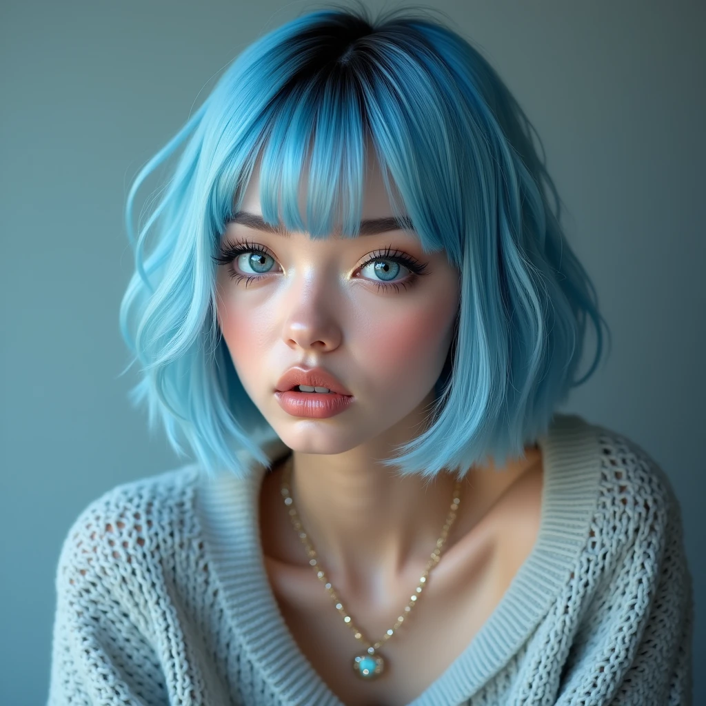 (Best quality, 8k, 32k, Masterpiece, UHD:1.2),Photo of Pretty 18 american woman, large breasts, very short bob hair,upper body,face focus,(oversized_sweater,:1.1) necklace, background, looking at viewer, leaning forward, (((blue hair with sliver bangs))), (((vibrant light blue eyes))) (((award winning detail)) ((avatar makeup and popstar clothes)))