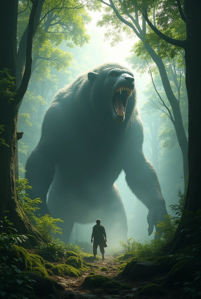 Suddenly,  a loan loudly roar  through the trees In cinematic image