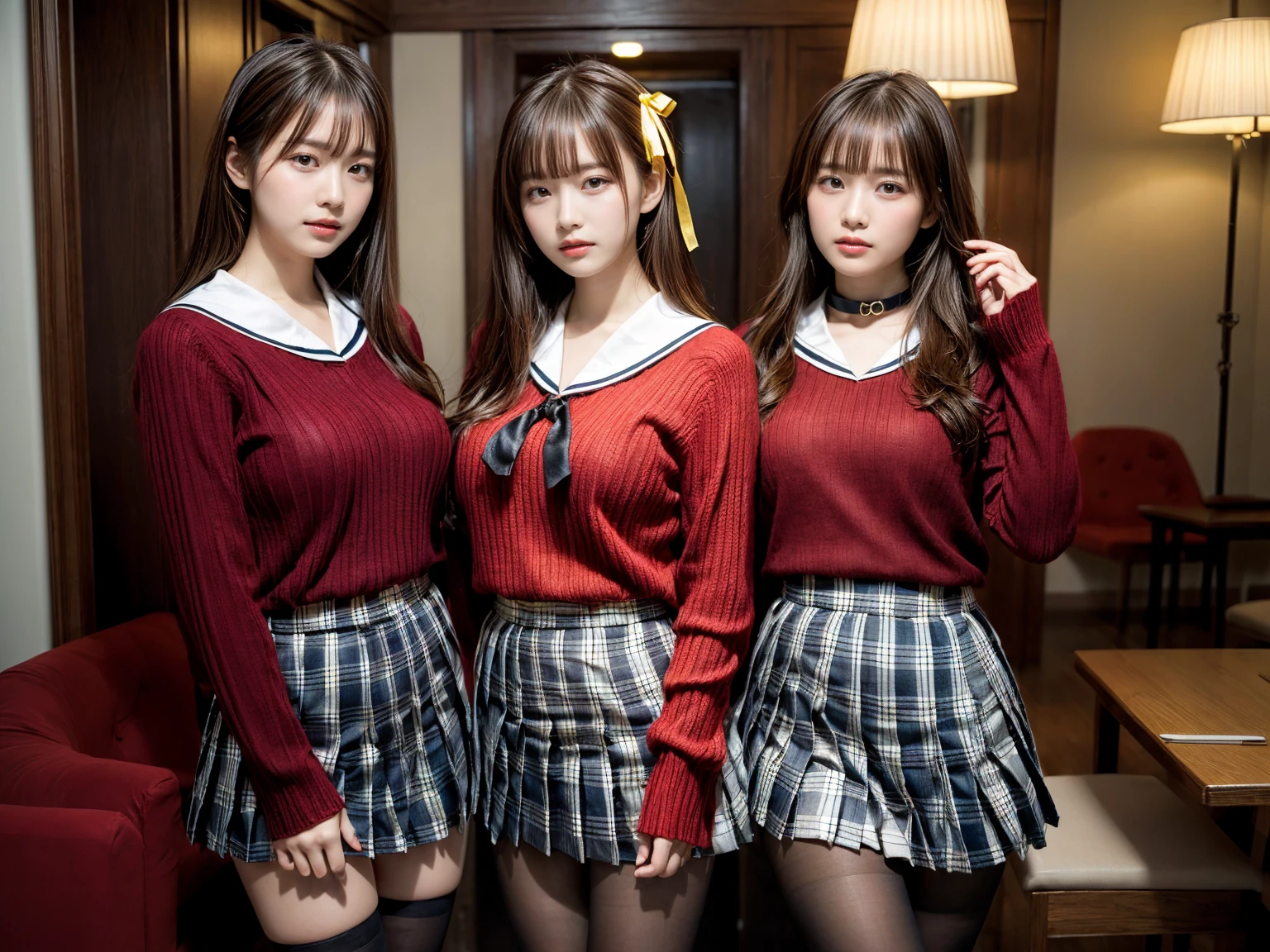 masterpiece, best quality, illustration, Super detailed, fine details, High resolution, 8K,wall paper, perfect dynamic composition,(Details High quality, realistic depiction of eyes:1.3), (3 girls), BREAK (red theme:1.4), (school uniform:1.2), (fusion of red sweater and red shirt with sailor-collar:1.4), (tucked out uniform tops:1.4), (long sleeve:1.2), BREAK (yellow theme:1.3), (sailor-collar with yellow ribbon:1.3), BREAK (black and white plaid-pattern pleated-skirt:1.3), (pantyhose:1.2), sitting, open legs, short bob hair, in a hotel room in the background, deep on field, large breasts, black hair color, Big Natural Color Lip, (perfect body shape), crying a little、Harajuku style、20 year old girl、cute type、beautiful legs, Gravure Idol