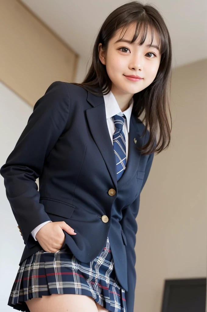 Girl standing in a school classroom,Blue tie uniform,Dark Blue Blazer,Blue plaid skirt,18-year-old,bangs,Smile a little,Thighs,knees,From below, Navy blue knee socks, Long Hair, Black Hair,