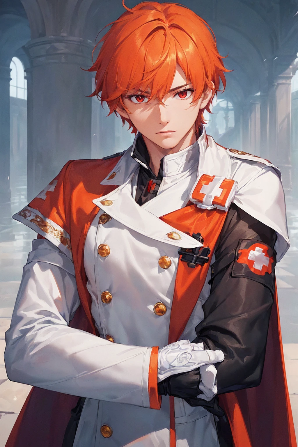 (((masterpiece; best quality: 1.2))), (finely detailed eyes: 1.3), ((ung man)), ((solo)), (red eyes: 1.4), (body shape; lean, masculine, manly: 1.3), (very short orange hair: 1.3), (beautiful and clear background: 1.2), ((depth of field)), (equipment: high-fantasy medic garb + white long-sleeve overcoat + armband with red cross + black high-neck shirt + gloves: 1.3), (anime illustration: 1.2), (background composition; palace gardens + day: 1.1), (extremely handsome: 1.1), (shot composition; standing + centered on face + bust close-up: 1.5), (facial expression; calm, stoic: 1.2)