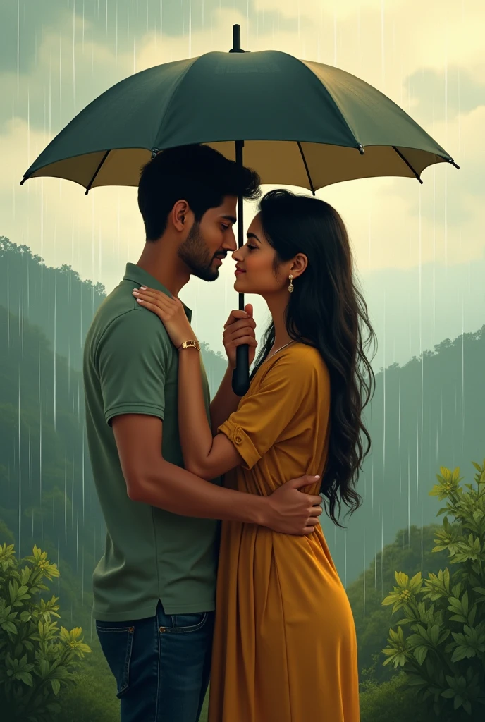 South indian couple with romantic look. Under the umbrella in a slow rain fall. Normal dress. Close shot. Hands on sholder looking straight. Kissing to the top face. Illustation image. In kerala mountain with moody clouds. White skin tone couple