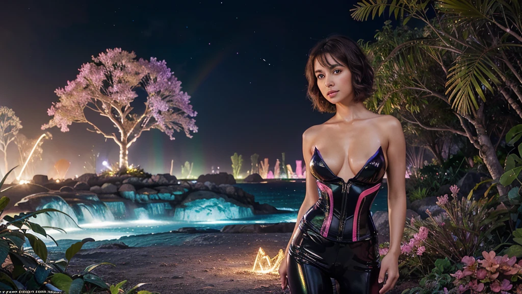 A photorealistic cute, slender aerobics instructor with very short brown hair, very short brown hair, very short brown hair, very short brown hair, brown eyes, and dimples, standing confidently in a fantastical landscape. She's wearing a tight, black, latex corset. The background features floating islands covered in bioluminescent plants, cascading waterfalls of rainbow colors, and giant crystalline structures that refract light. Vibrant colors include deep purples, electric blues, neon pinks, and shimmering golds. The lighting is ethereal, with a soft glow emanating from the plants and crystals. Broad strokes of bright, contrasting colors sweep across the sky, reminiscent of an abstract painting - vibrant oranges, lime greens, and vivid magentas create a striking contrast against the fantastical elements.