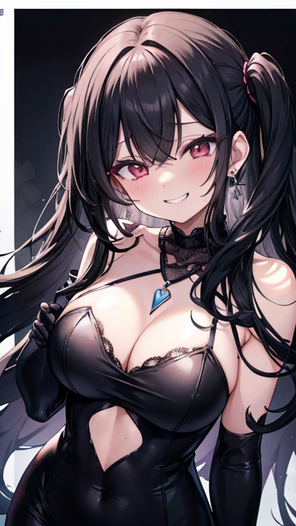 Long straight black hair　cute　anime　front　　Tight black suit　White shirt　Drooping eyes　Patsunpatsun　Sweat　Embarrassed　Wicked Smile、((Grin))　Mole under the mouth　Bracelet　Shoulder Bare　Lace black gloves　necklace　Earrings　Double teeth