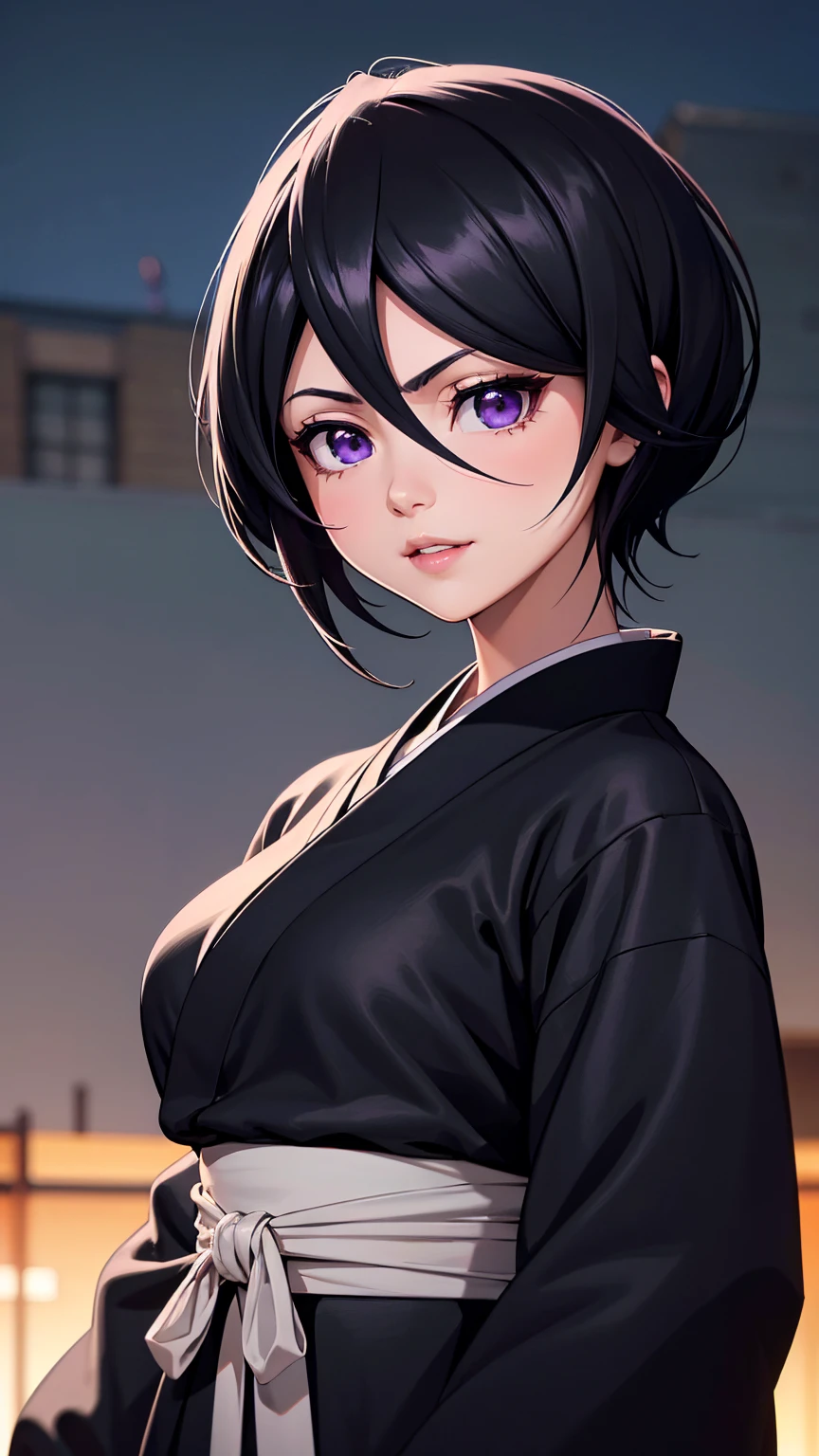 Well done work highly detailed with high resolution, sharp lines and colors, perfect lighting, face detailed, detailed hair, eye detailed, detailed nose, detailed lips. a beautiful girl with short black hair, purple eyes and a short smile wearing a black kimono, city at night, Rukia Kuchiki.
