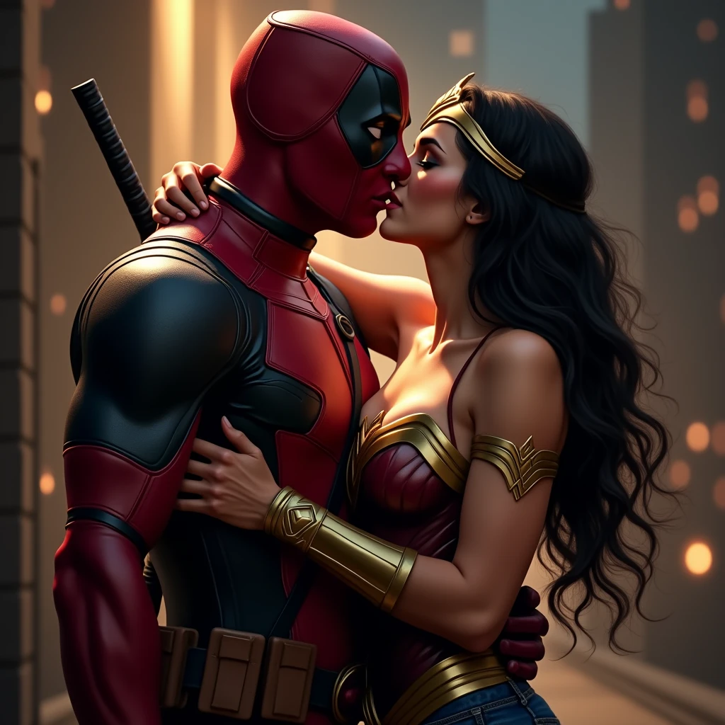 Deadpool and wonder woman love kissing, full body image, close to realistic.