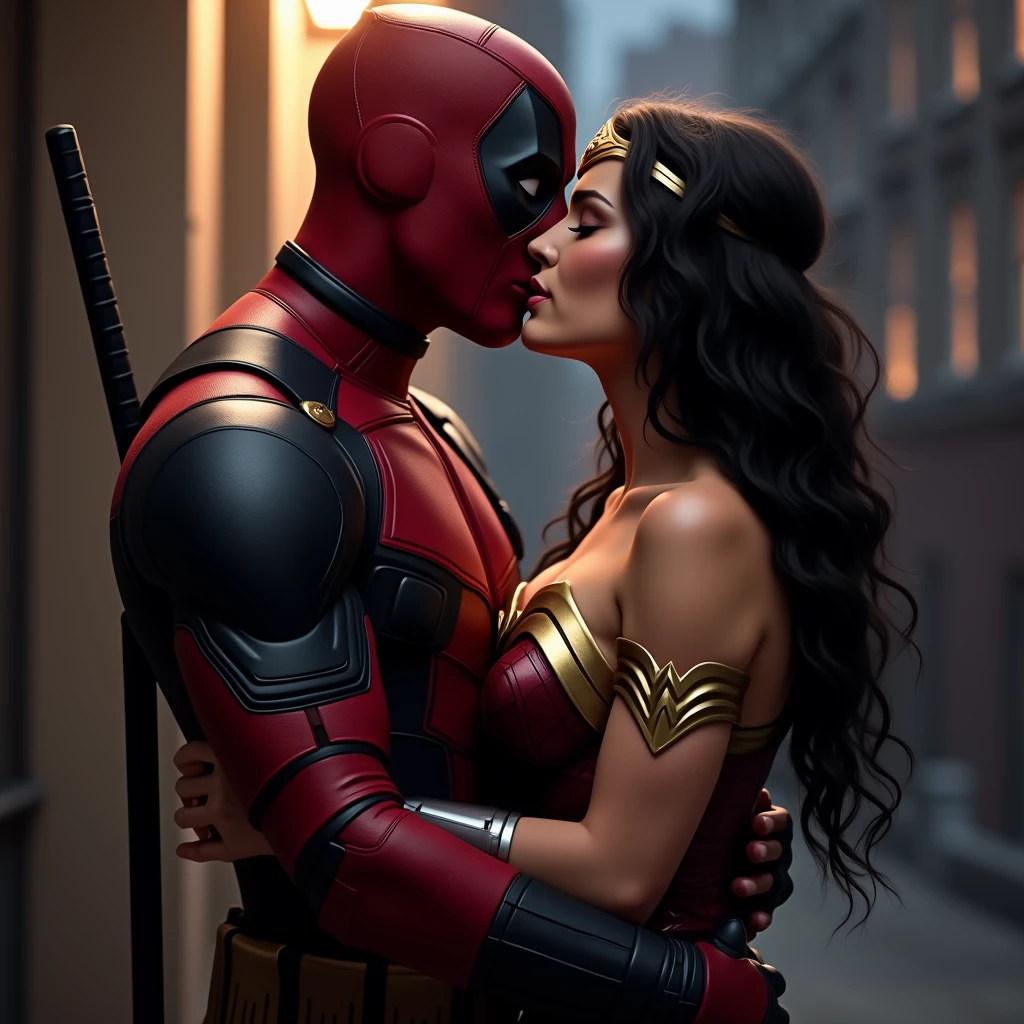 Deadpool and wonder woman love kissing, full body image, close to realistic.