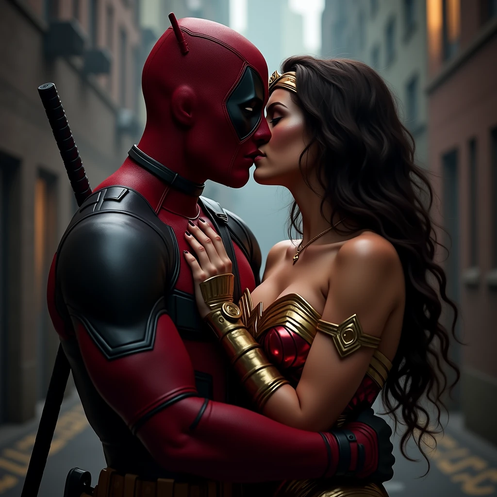 Deadpool and wonder woman love kissing, full body image, close to realistic.