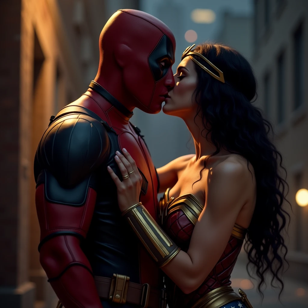 Deadpool and wonder woman love kissing, full body image, close to realistic.