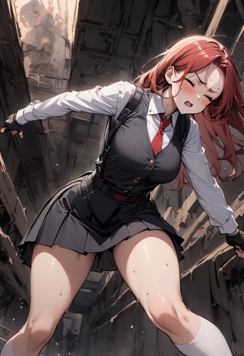 Dynamic composition,from below,{{critical situation:1.6}},{{fight:1.8}},fighting stance,defensive posture,{{female student fighter enduring pain}},,{{small face:1.8}},{{bent over:1.6}},{{masterpiece}}, {{{Highest quality}}},{{Very detailed}},solo,170cm tall female,{}},1girl,{Mature Woman}}, abdominal pain,furrow one's brow ,{{one eye closed}},from side,,{{Grit your teeth:1.4}},,{{v-shaped eyebrows}},Bad mood,blush,Sweat,raise one's eyebrows,{{Very slim legs:1.4}},{{hold your stomach with one hand}},{{suspenders:1.4}},{{WHITE Long sleeve mini skirt uniform}},{{suspenders}},{{White High Socks}},Red tie,{{}},,Slender body}}{{female student fighter}},,,black fingerless gloves,　,Long sleeve mini skirt uniform,Long Red Hair, Straight hair ,Blunt bangs,Medium chest ,get annoyed,,combat arena