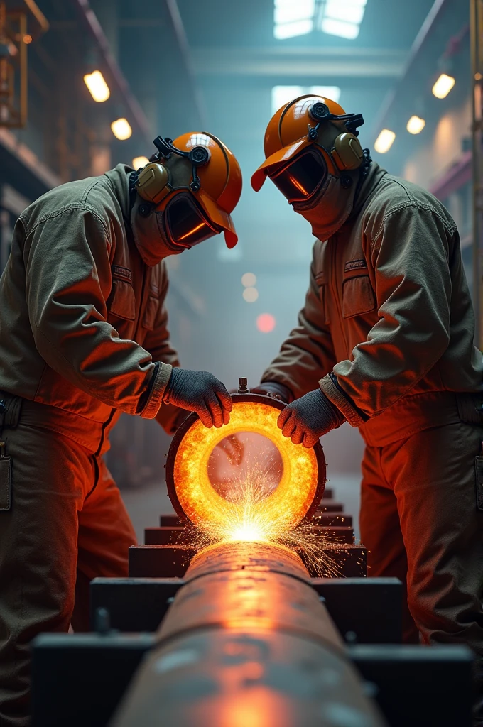 Generate a image that 2 workers doing post welding heat treatment in petrochemical pipe