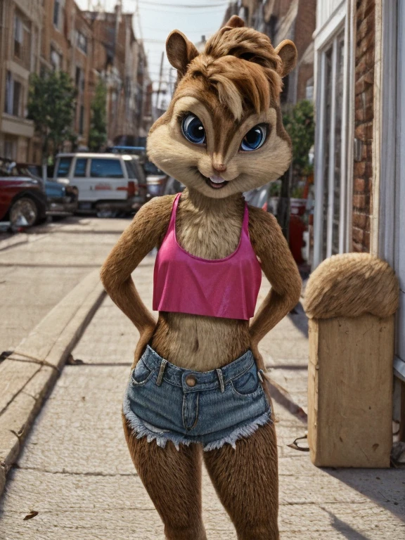 score_9, score_8_up, score_7, score_6, street, brittany miller, chipmunk, furry, short ears, white top, pink leather, jean shorts, looking at viewer, 6 inches tall